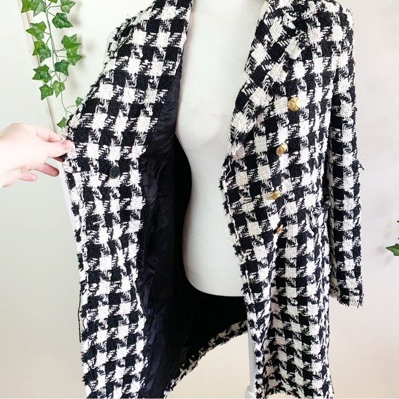 NWT Zara black and white houndstooth tweed coat size medium - Picture 4 of 7